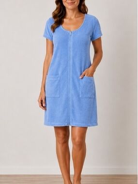 Zip Front Terry Short Sleeve Dress/Coverup With 2 Pockets